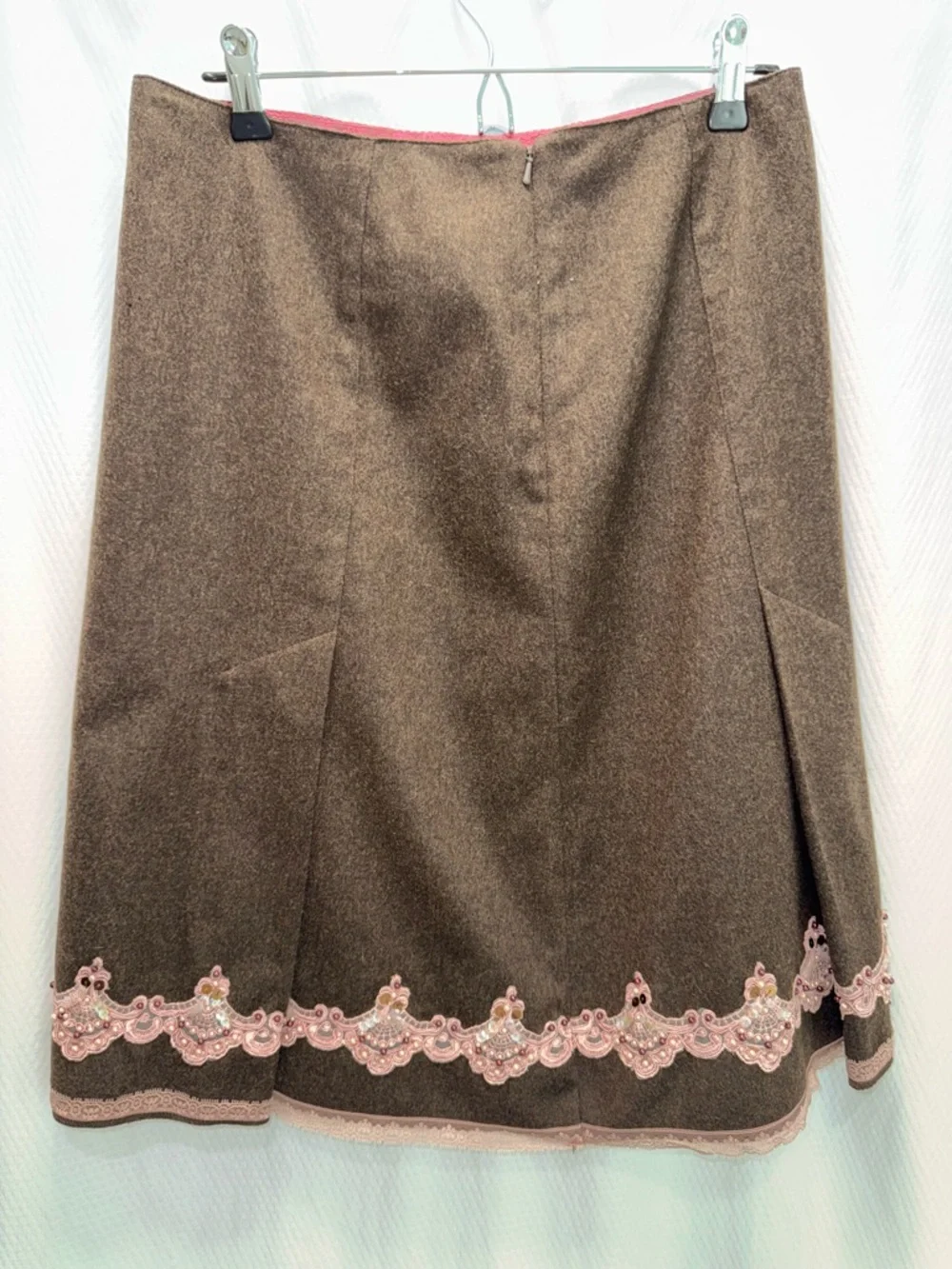 Express Brown A-Line KneeY2K Cottagecore Wool Blend Pink Sequin Lace Hem Skirt 6
